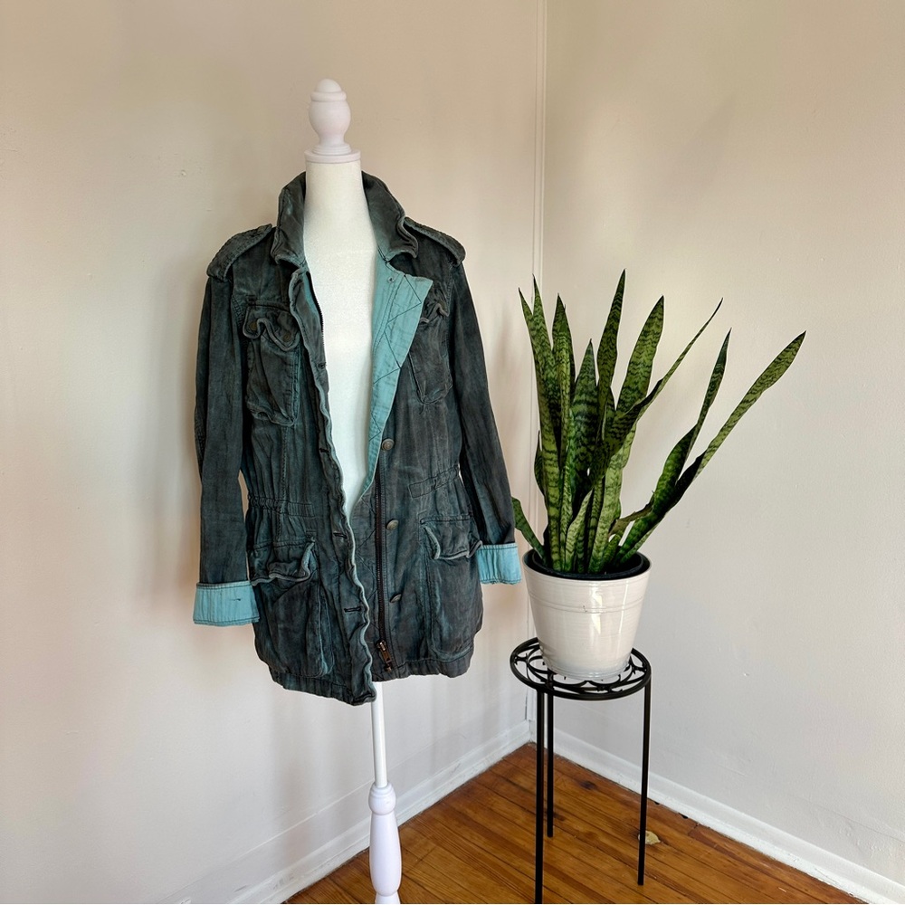 Free People |‎ Double Cloth Cargo Utility Jacket, Gray and Blue